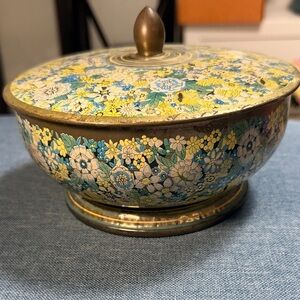 Vintage Daher Floral Tin Bowl With Lid England Candy Tin Trinket Dish 6.5”